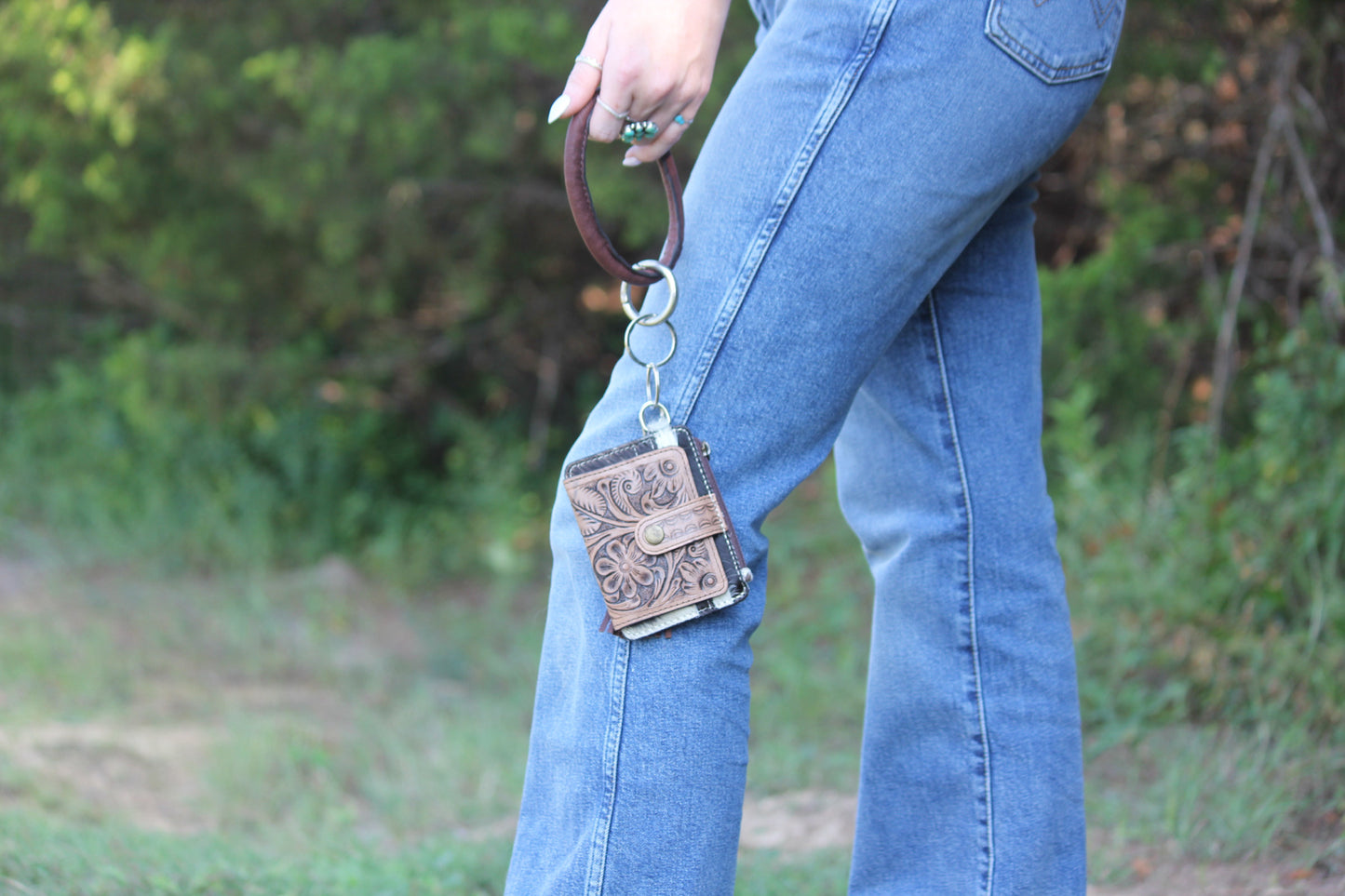 Cowhide and tooled leather bangle