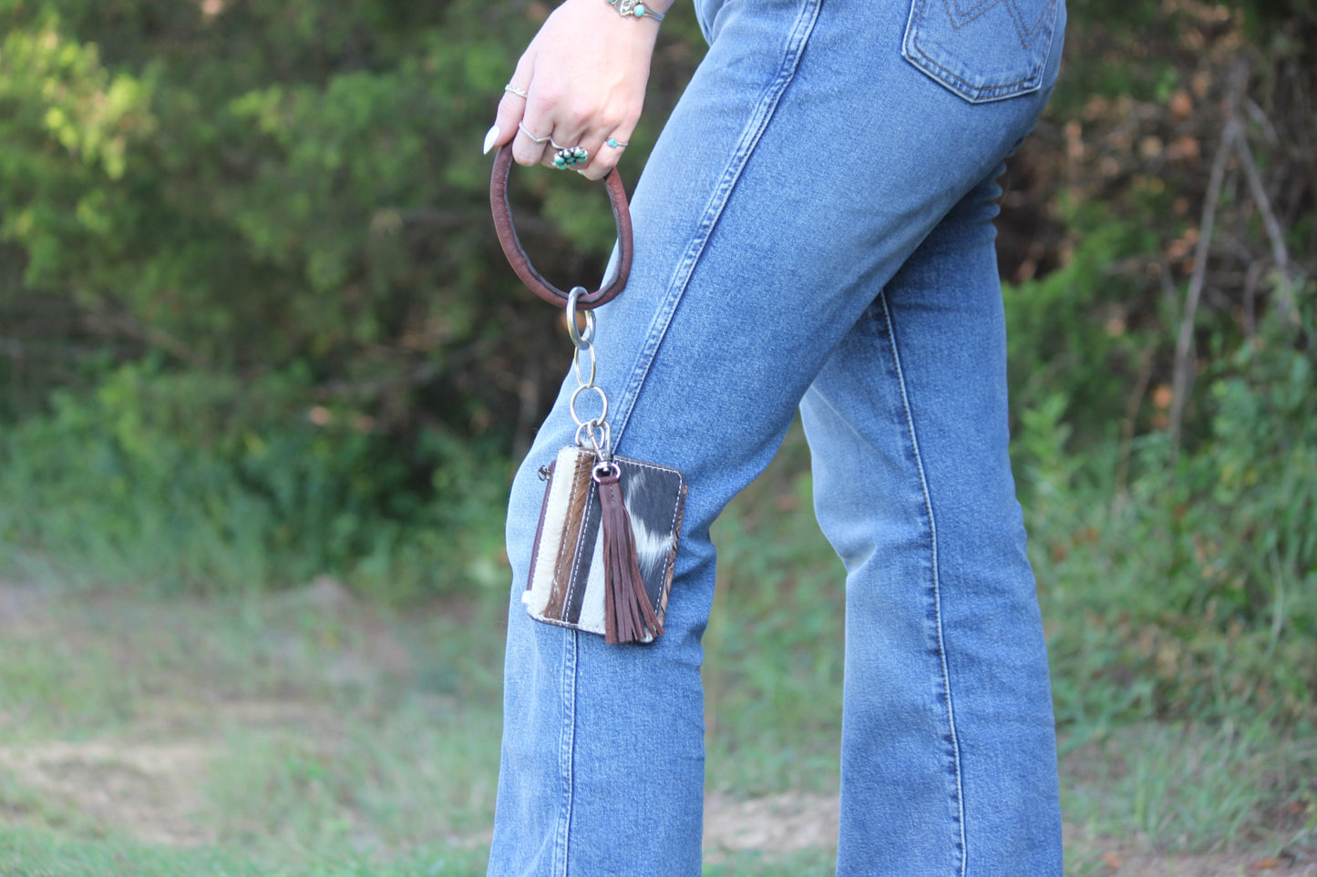 Cowhide and tooled leather bangle