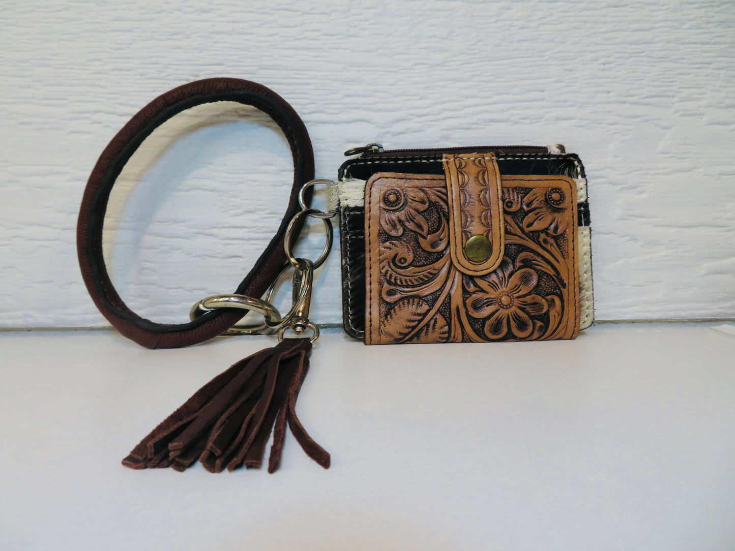 Cowhide and tooled leather bangle